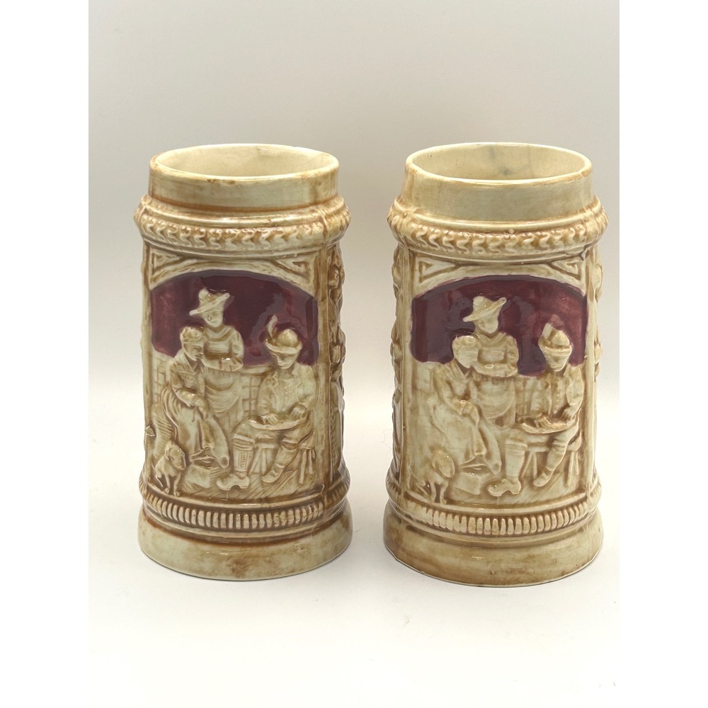 Vintage Maruhon Ware Ceramic Beer Steins Set of 2 Relief Tavern Scene Japan 5.5"